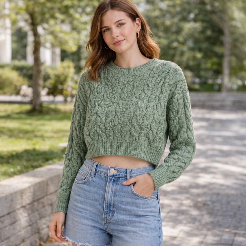 Jessica Simpson Cable Knit Cropped Sweater Sage Green Crew Neck Womens Large